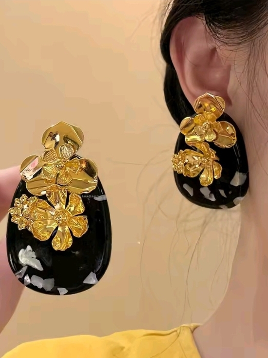 Black Resin Earrings with Gold Floral Accents - Picture 7 of 10